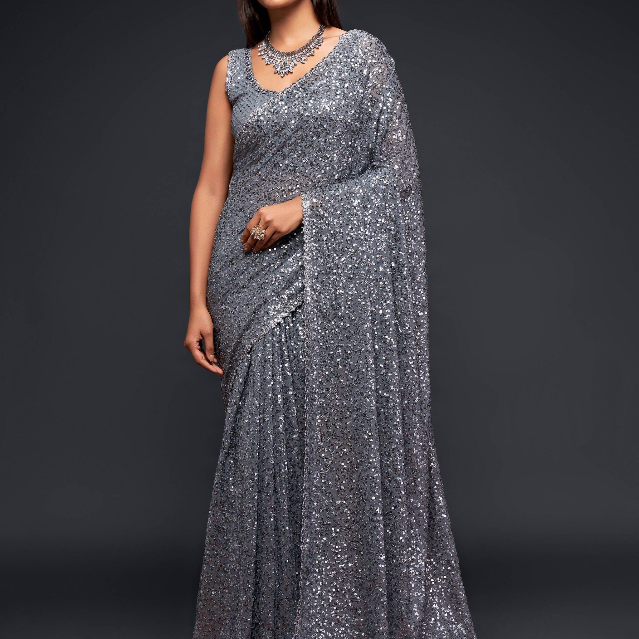 Amazing Slate Grey Sequined Georgette Party Wear Saree - Zeel Clothing