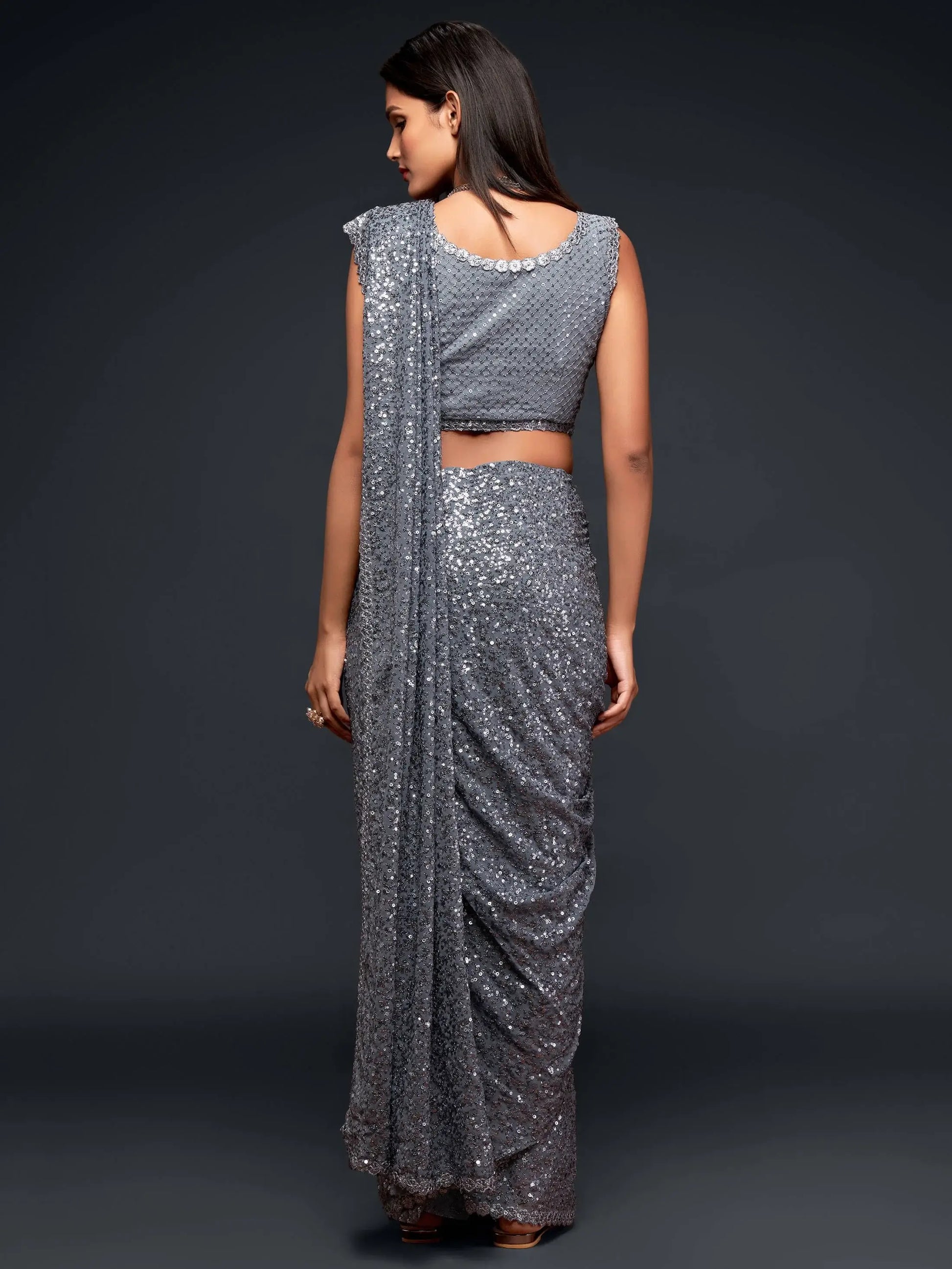 Amazing Slate Grey Sequined Georgette Party Wear Saree - Zeel Clothing