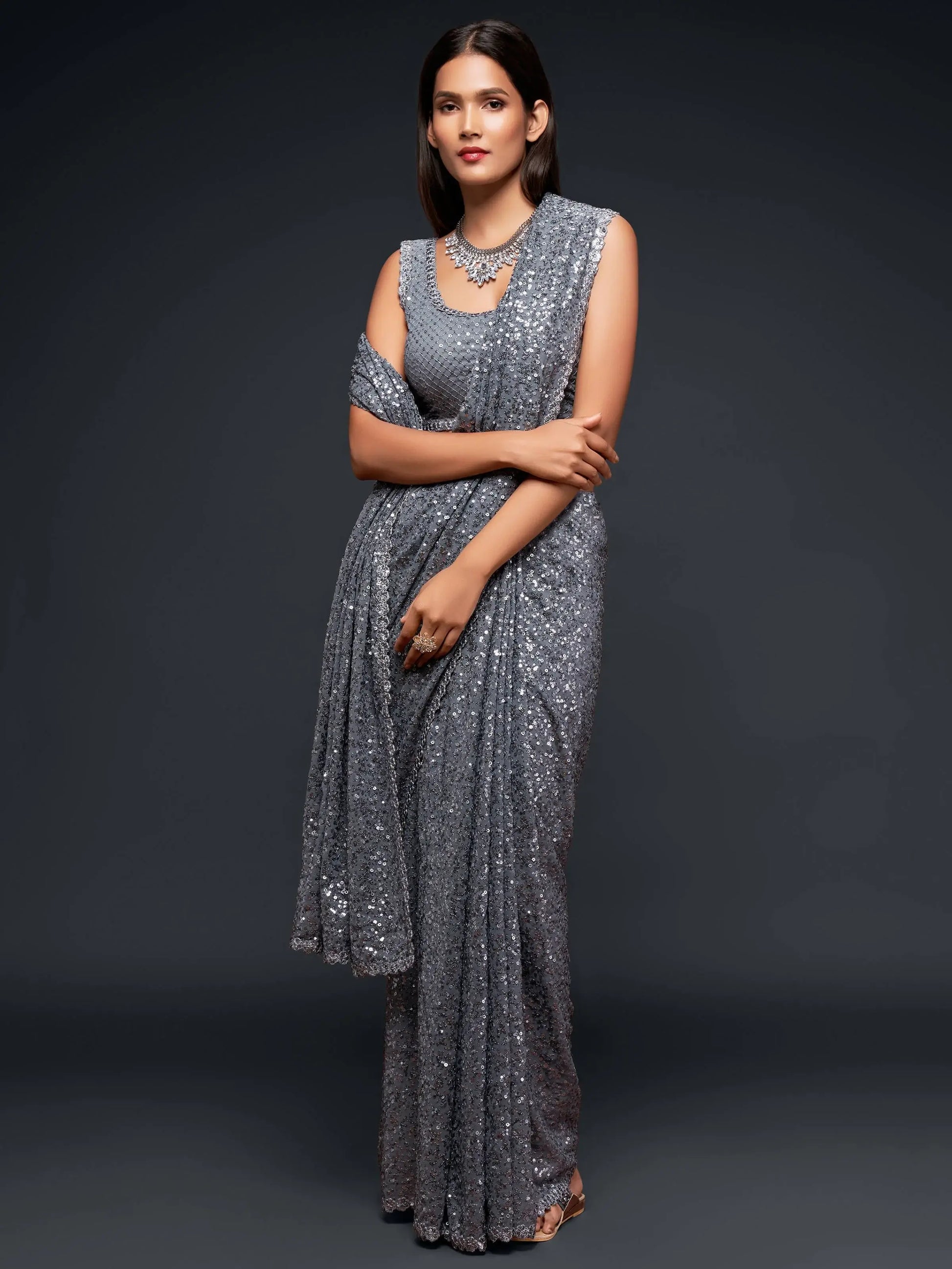 Amazing Slate Grey Sequined Georgette Party Wear Saree - Zeel Clothing