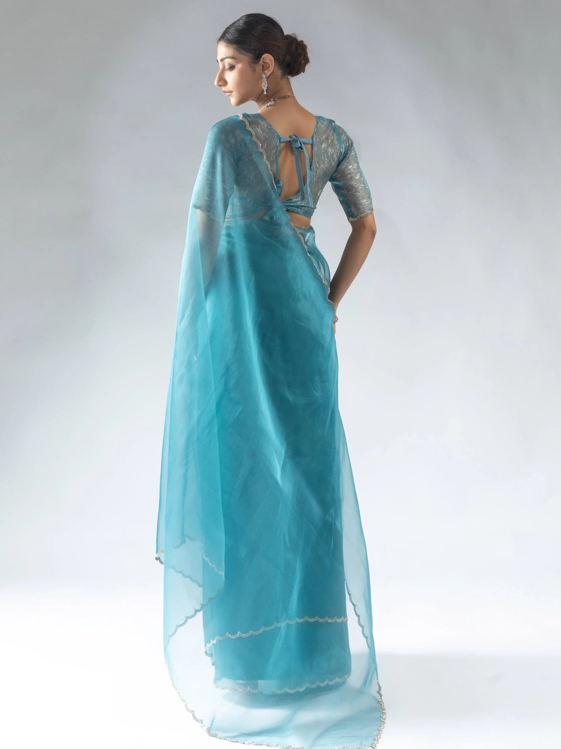 Amazing Teal Blue Border Work Organza Designer Pre-Stitched Saree With Blouse - Zeel Clothing