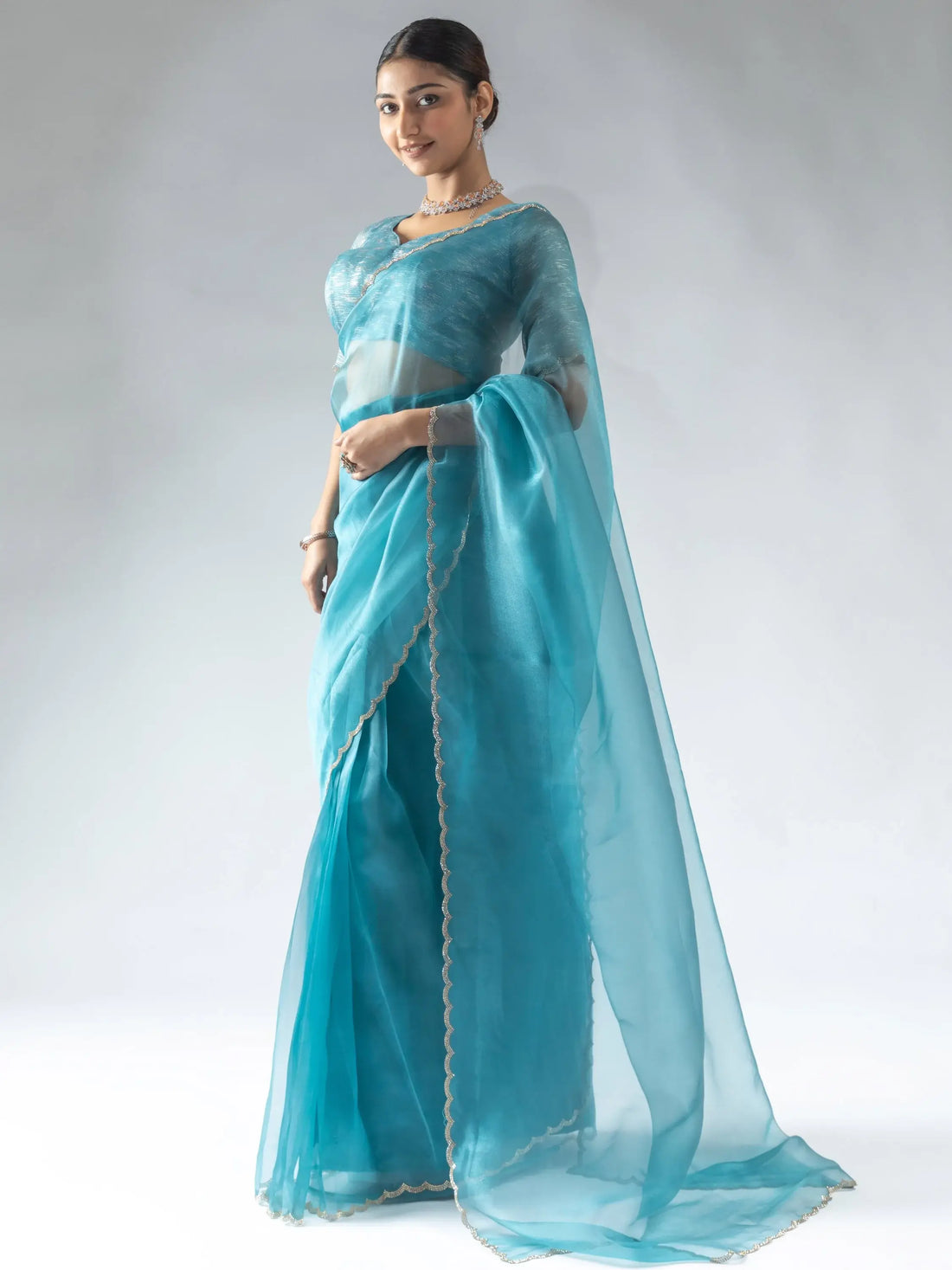 Amazing Teal Blue Border Work Organza Designer Pre-Stitched Saree With Blouse - Zeel Clothing
