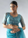 Amazing Teal Blue Border Work Organza Designer Pre-Stitched Saree With Blouse - Zeel Clothing