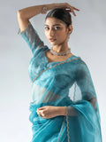 Amazing Teal Blue Border Work Organza Designer Pre-Stitched Saree With Blouse - Zeel Clothing
