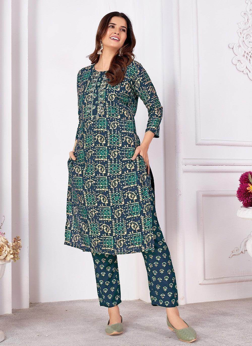 Amazing Teal Blue Digital Printed Rayon Readymade Pant Suit - Zeel Clothing