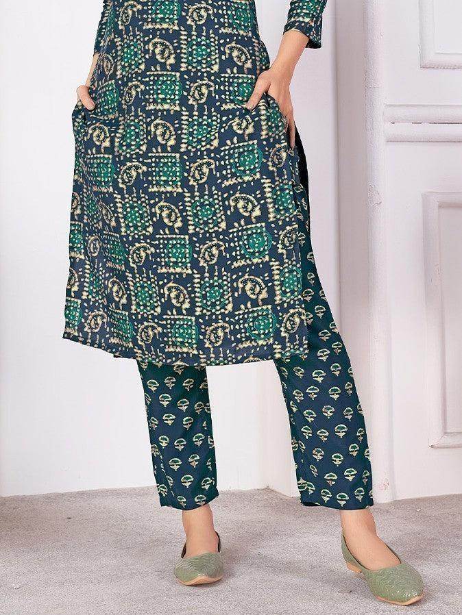Amazing Teal Blue Digital Printed Rayon Readymade Pant Suit - Zeel Clothing