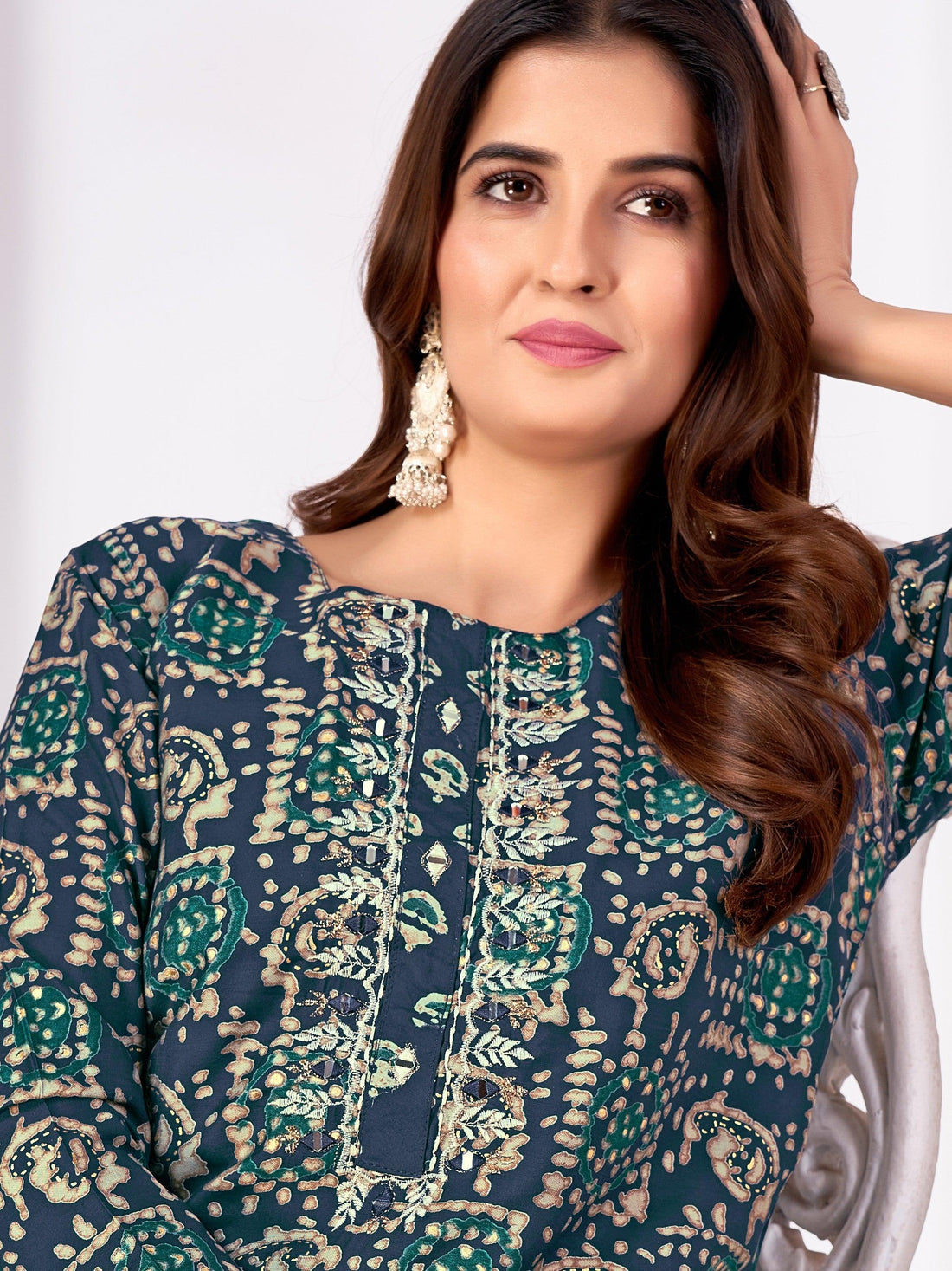 Amazing Teal Blue Digital Printed Rayon Readymade Pant Suit