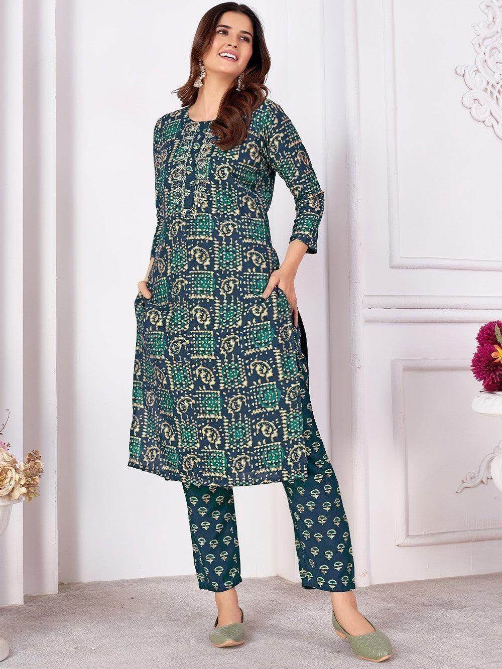 Amazing Teal Blue Digital Printed Rayon Readymade Pant Suit - Zeel Clothing