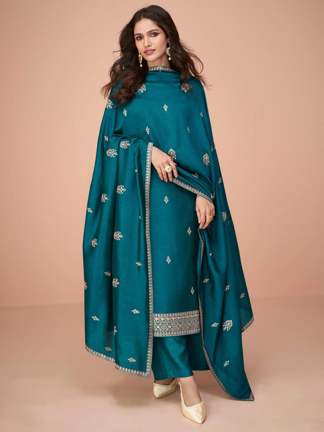 Amazing Teal Blue Embroidered Silk Occasions Wear Palazzo Suit