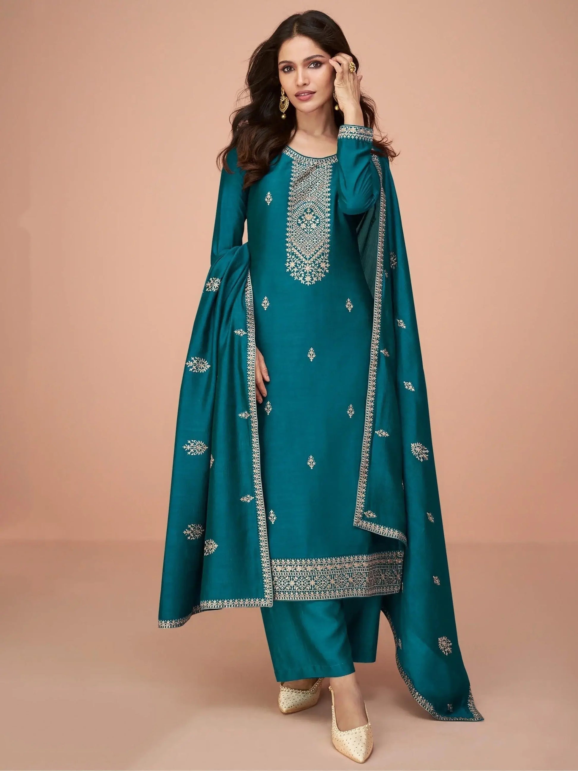 Amazing Teal Blue Embroidered Silk Occasions Wear Palazzo Suit - Zeel Clothing
