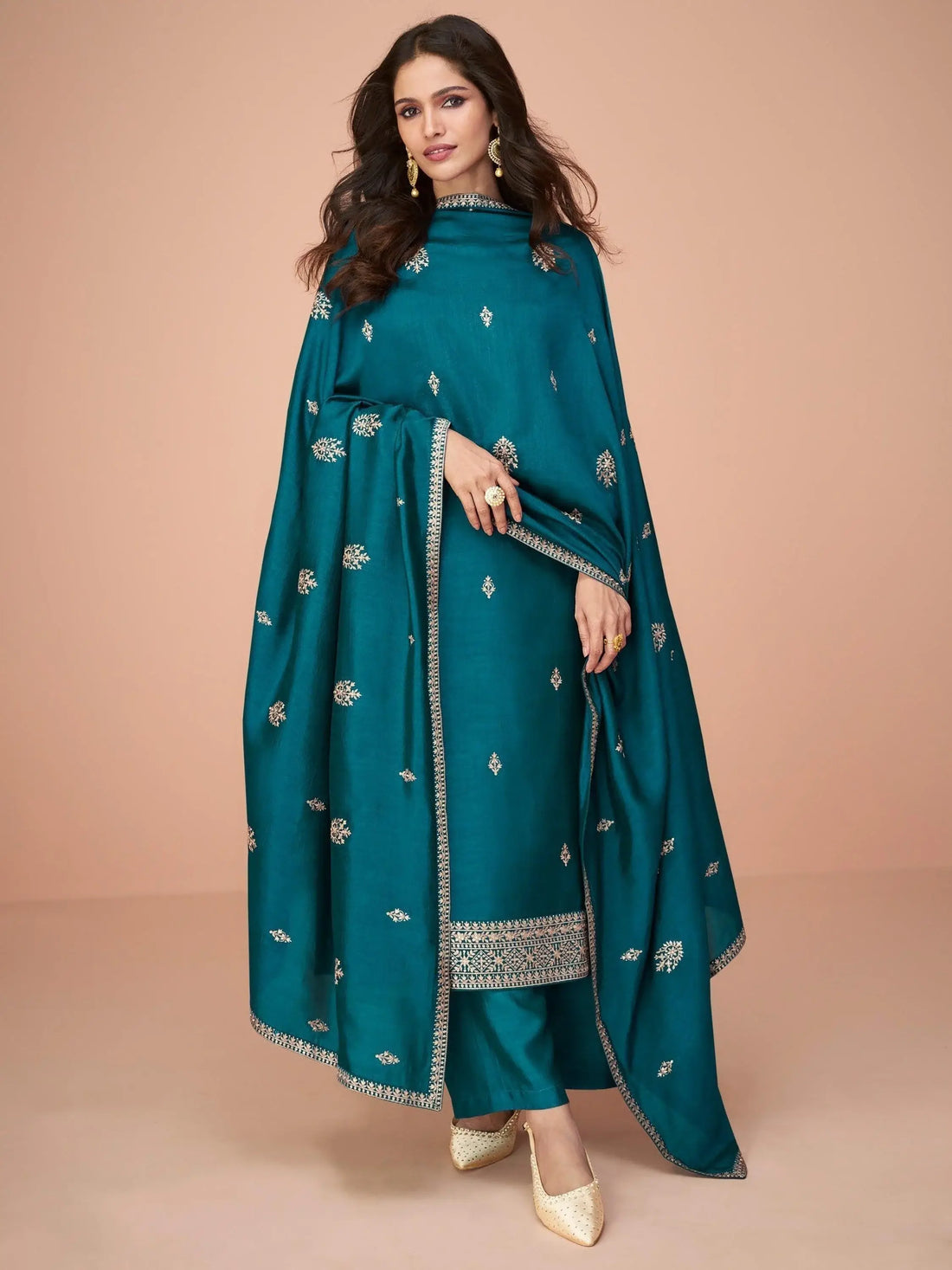 Amazing Teal Blue Embroidered Silk Occasions Wear Palazzo Suit - Zeel Clothing