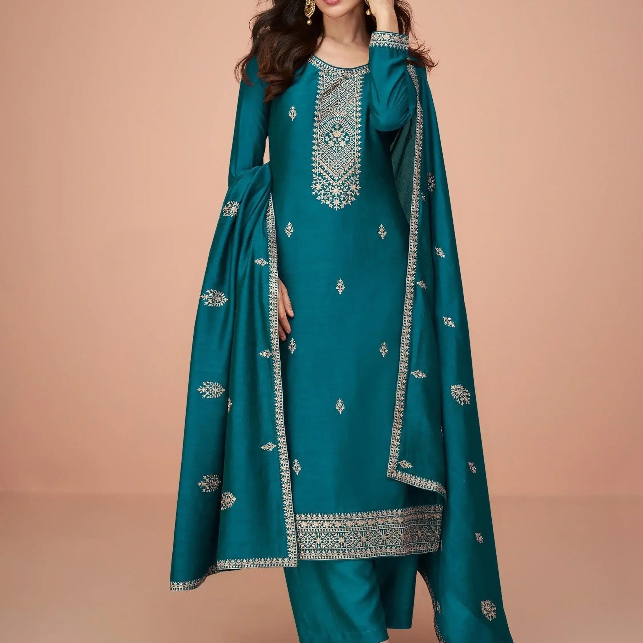 Amazing Teal Blue Embroidered Silk Occasions Wear Palazzo Suit - Zeel Clothing