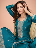 Amazing Teal Blue Embroidered Silk Occasions Wear Palazzo Suit - Zeel Clothing