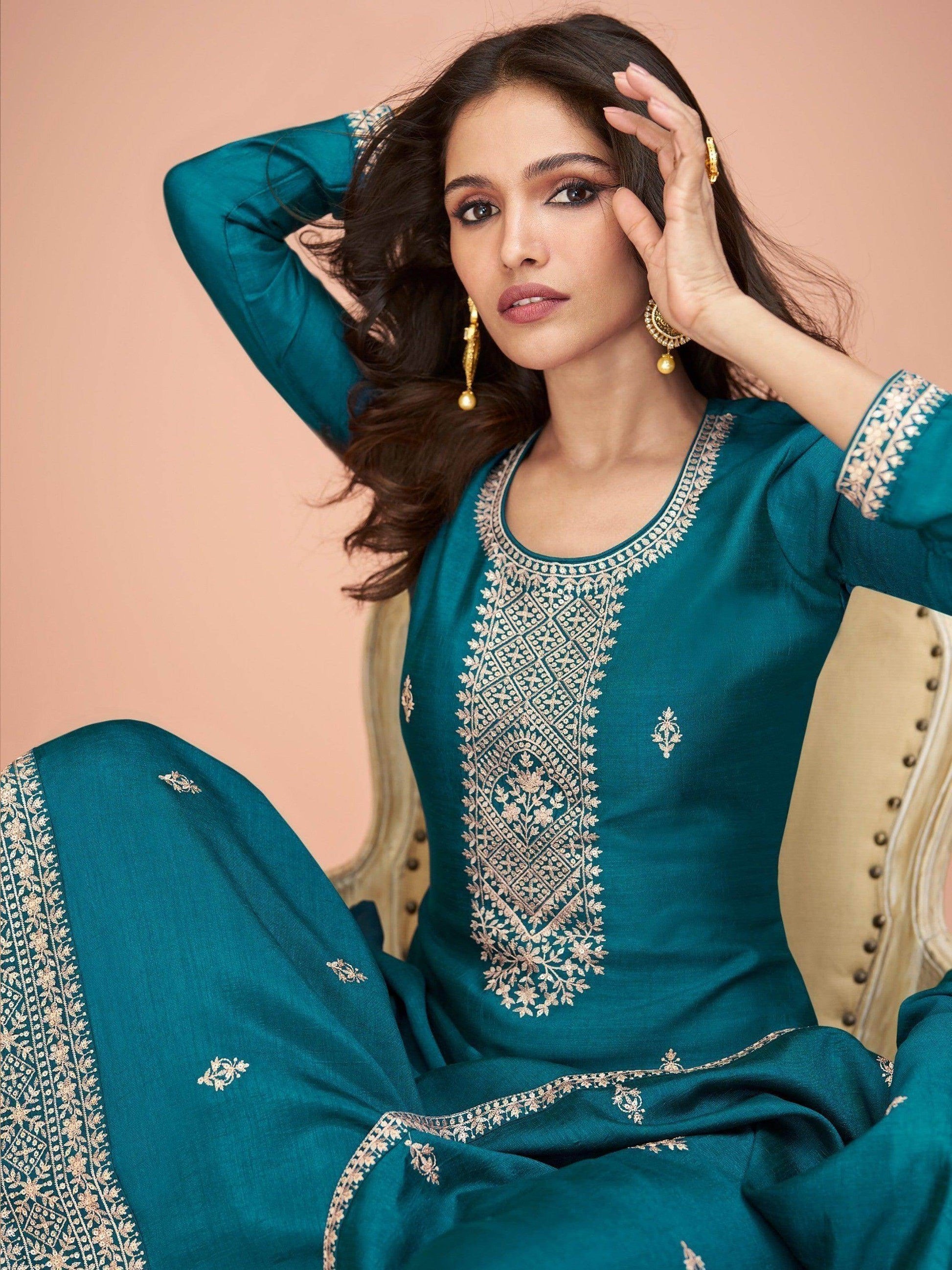 Amazing Teal Blue Embroidered Silk Occasions Wear Palazzo Suit - Zeel Clothing
