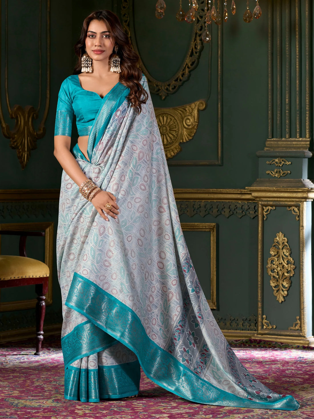Amazing Teal Blue Printed Dola Silk Festival Wear Saree With Blouse - Zeel Clothing