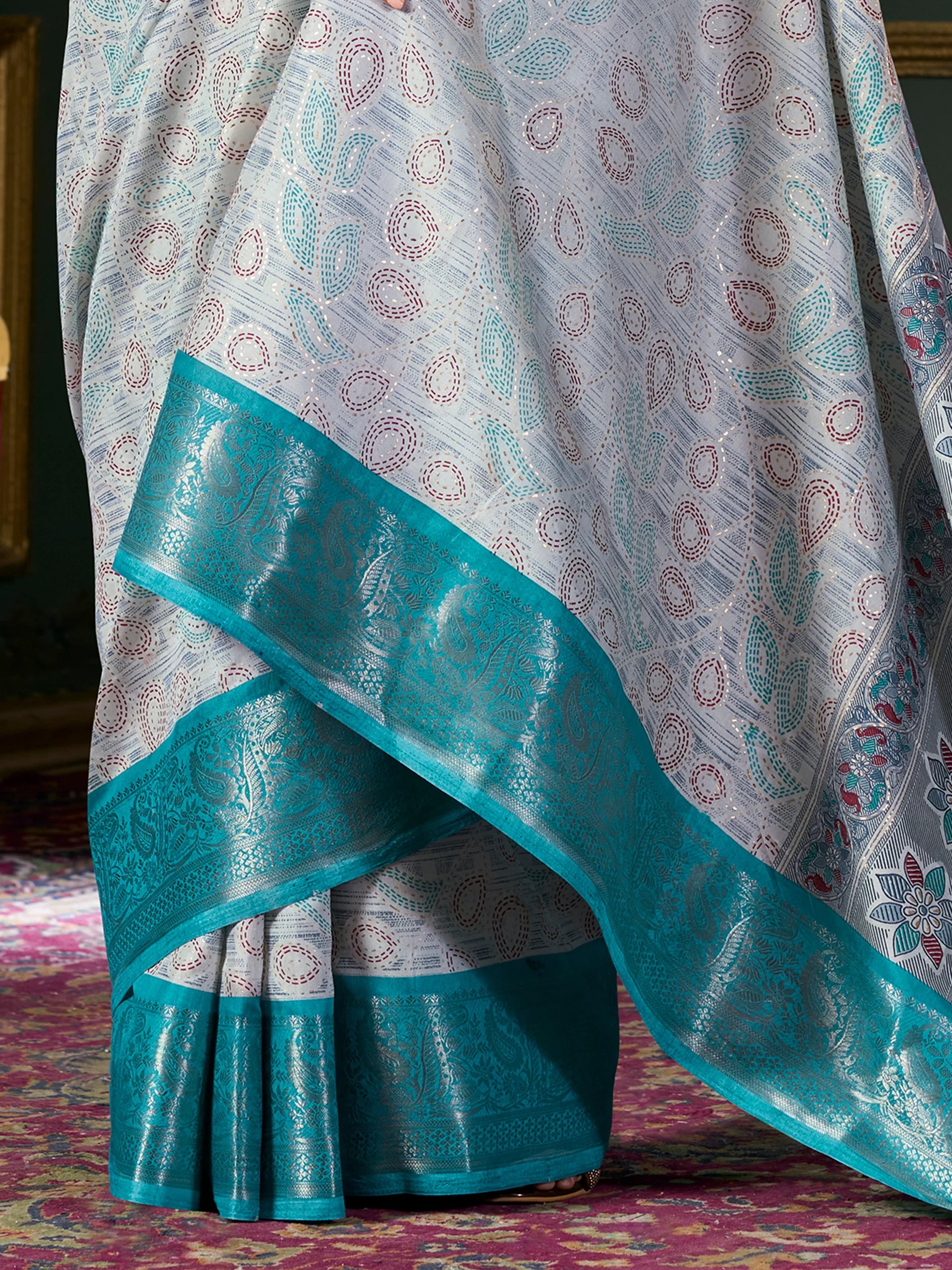 Amazing Teal Blue Printed Dola Silk Festival Wear Saree With Blouse - Zeel Clothing