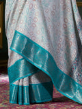Amazing Teal Blue Printed Dola Silk Festival Wear Saree With Blouse - Zeel Clothing