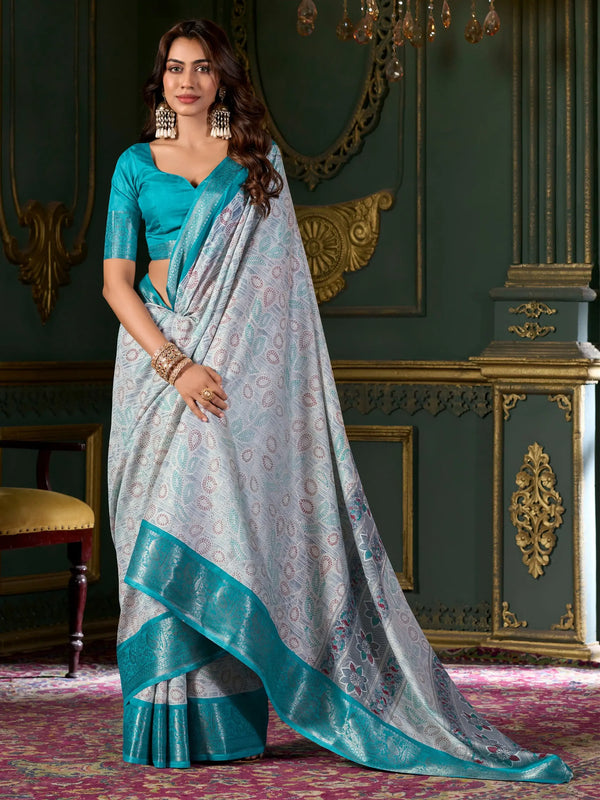 Amazing Teal Blue Printed Dola Silk Festival Wear Saree With Blouse - Zeel Clothing