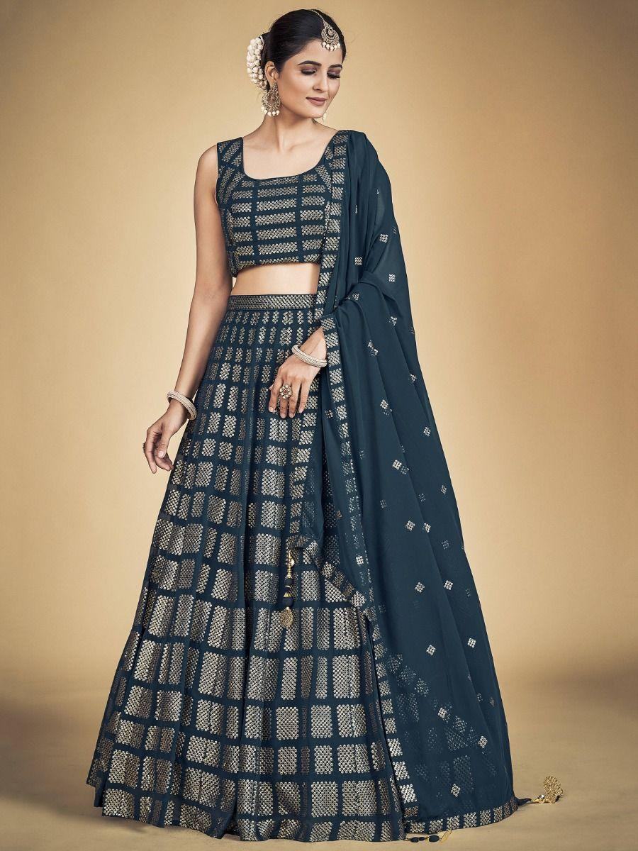Amazing Teal Blue Sequins Georgette Reception Wear Lehenga Choli - Zeel Clothing