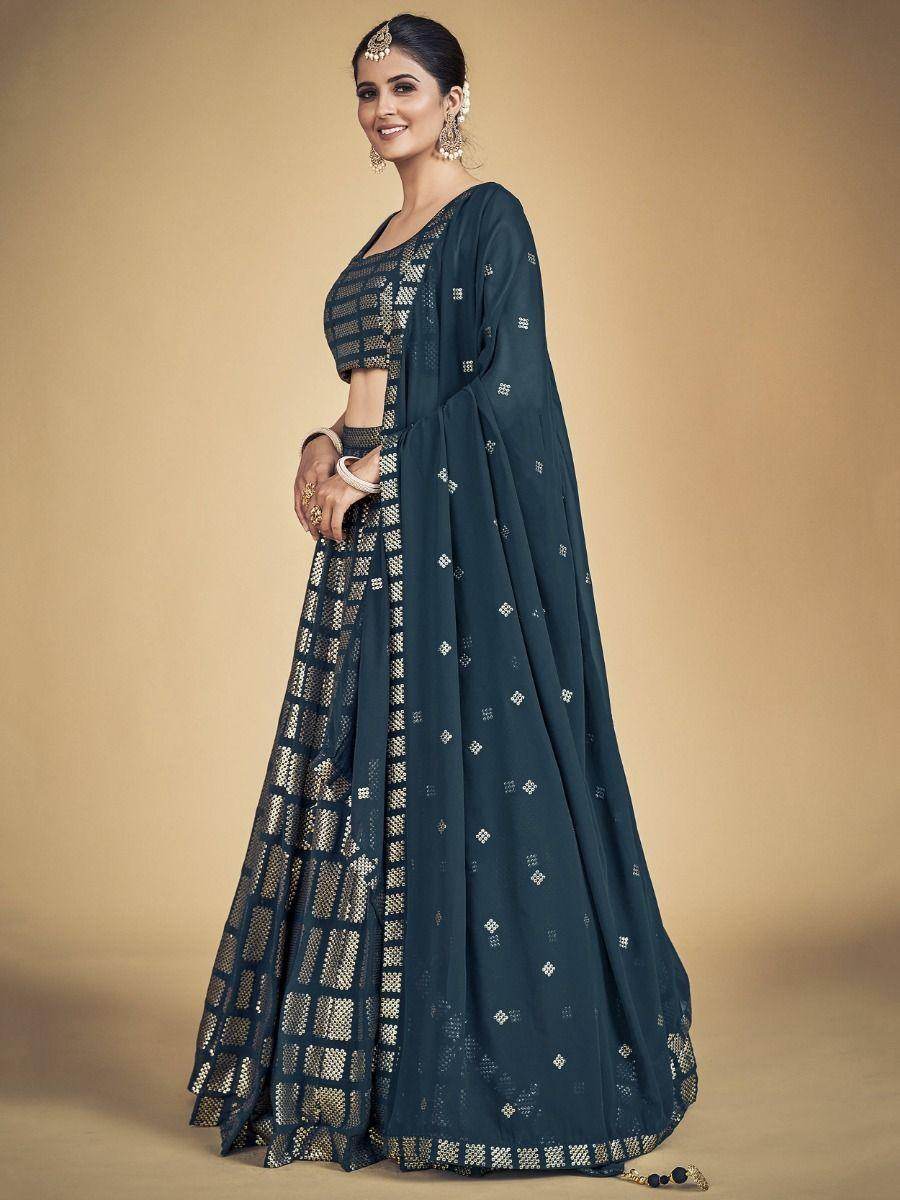Amazing Teal Blue Sequins Georgette Reception Wear Lehenga Choli - Zeel Clothing
