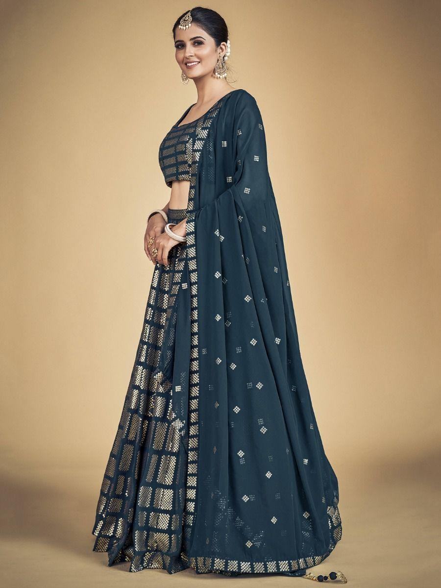 Amazing Teal Blue Sequins Georgette Reception Wear Lehenga Choli - Zeel Clothing