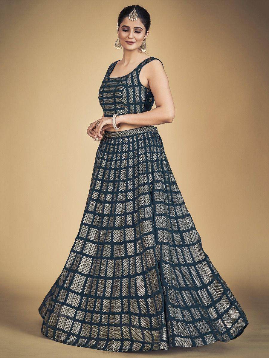 Amazing Teal Blue Sequins Georgette Reception Wear Lehenga Choli - Zeel Clothing