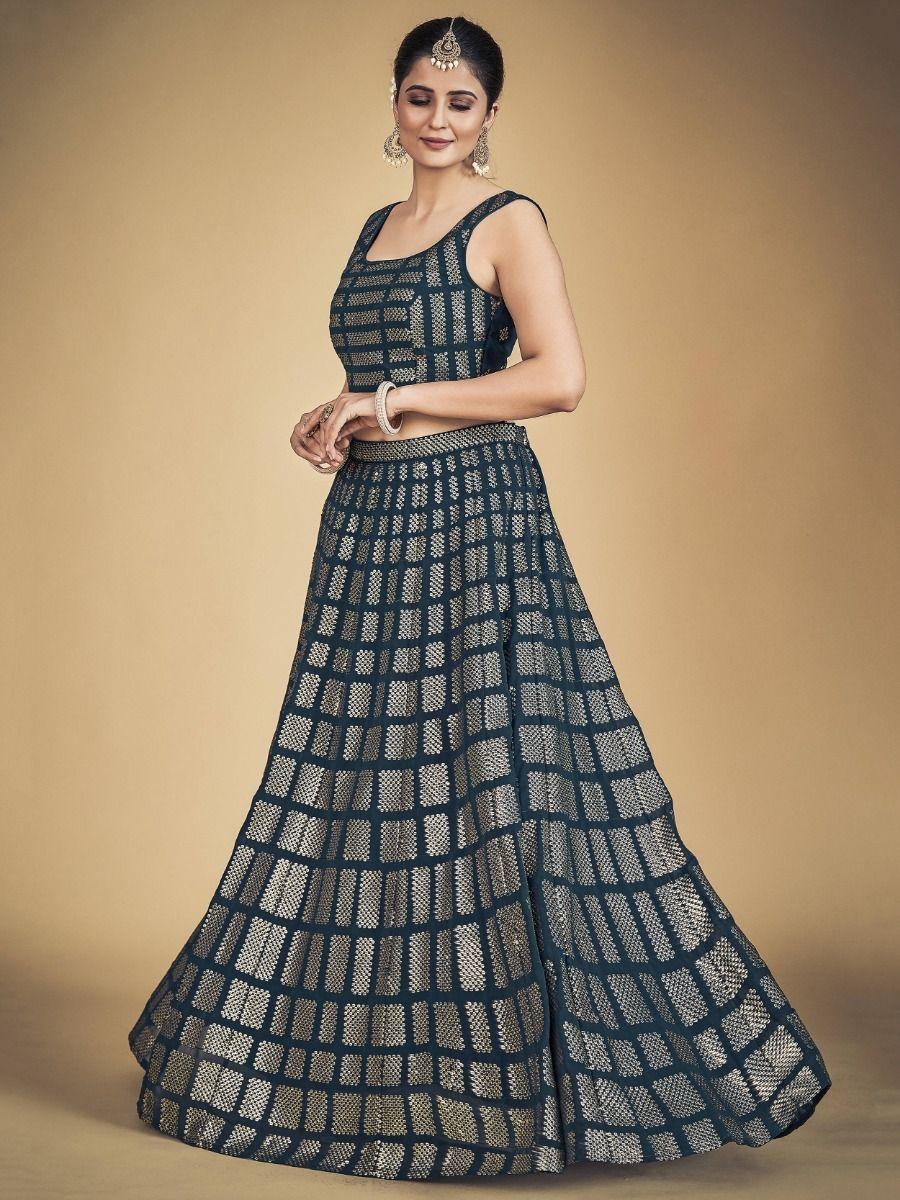Amazing Teal Blue Sequins Georgette Reception Wear Lehenga Choli - Zeel Clothing