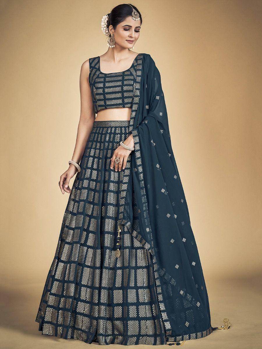 Amazing Teal Blue Sequins Georgette Reception Wear Lehenga Choli - Zeel Clothing