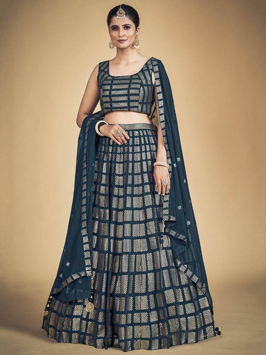 Amazing Teal Blue Sequins Georgette Reception Wear Lehenga Choli - Zeel Clothing