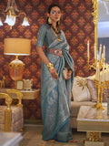 Amazing Teal Blue Woven Silk Wedding Wear Saree With Blouse - Zeel Clothing