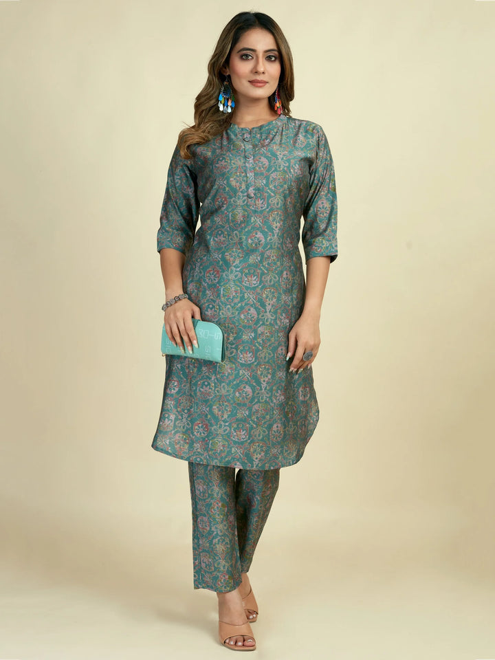 Amazing Teal Green Digital Printed Satin Readymade Kurti Pant