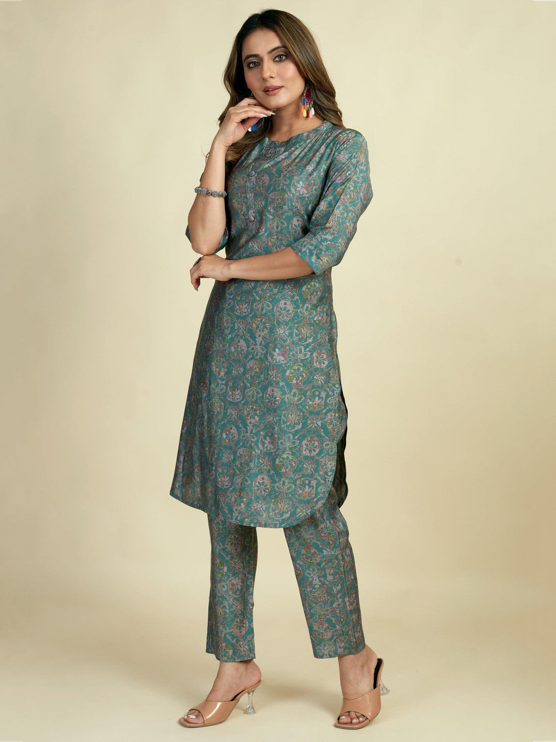 Amazing Teal Green Digital Printed Satin Readymade Kurti Pant
