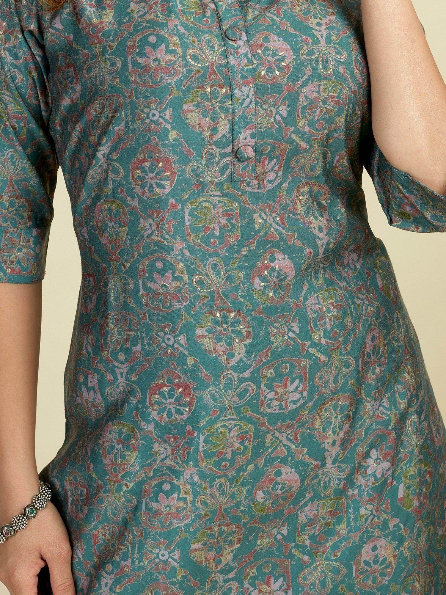 Amazing Teal Green Digital Printed Satin Readymade Kurti Pant - Zeel Clothing
