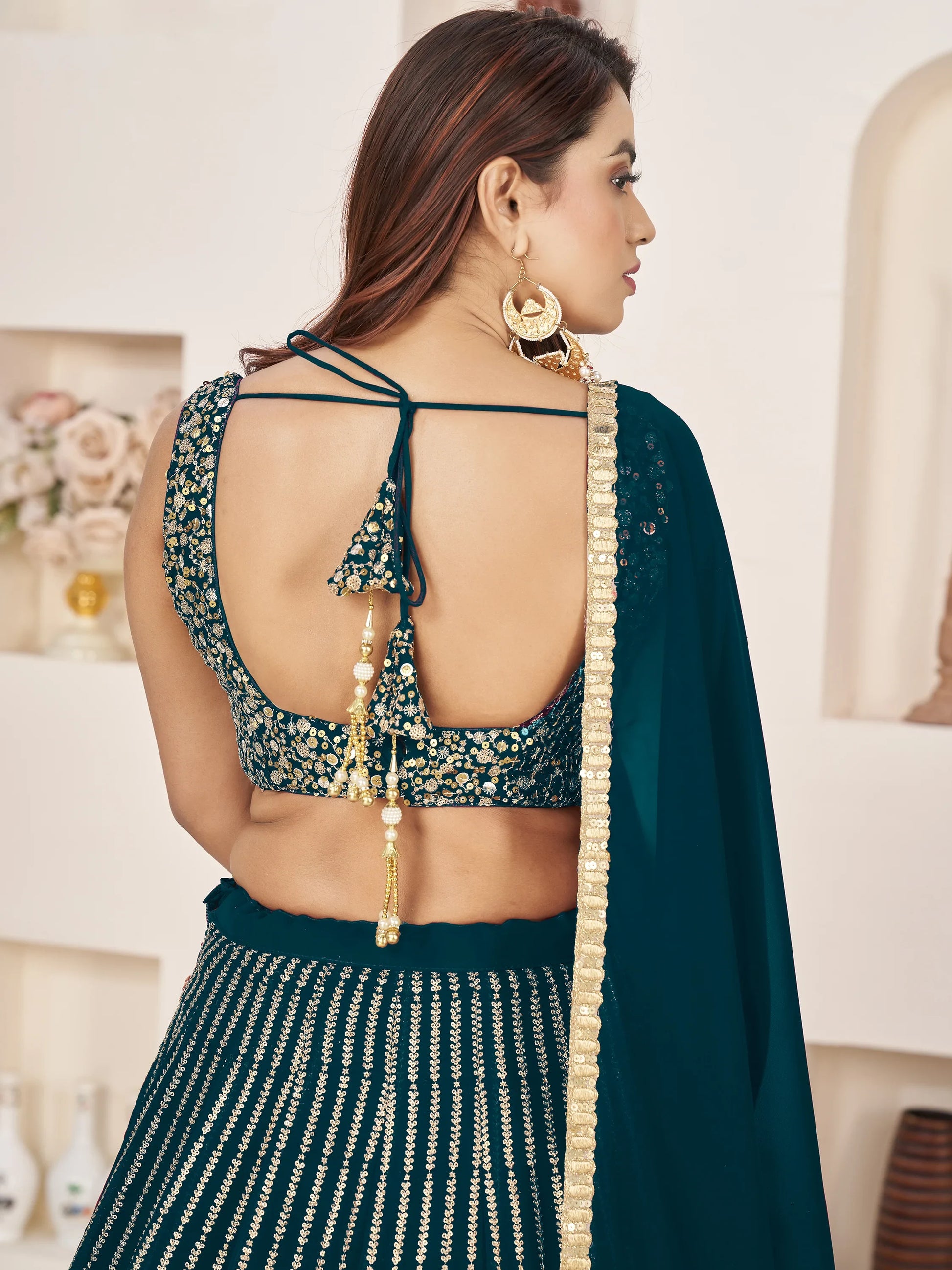 Amazing Teal Green Sequins Georgette Engagement Wear Lehenga Choli - Zeel Clothing