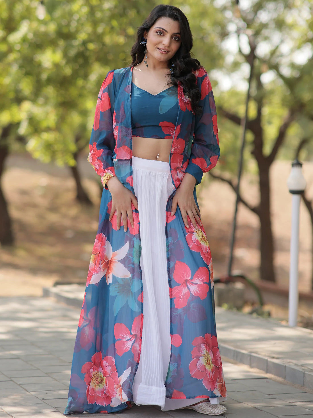 Amazing White Georgette Event Wear Crop Top Lehenga With Jacket - Zeel Clothing