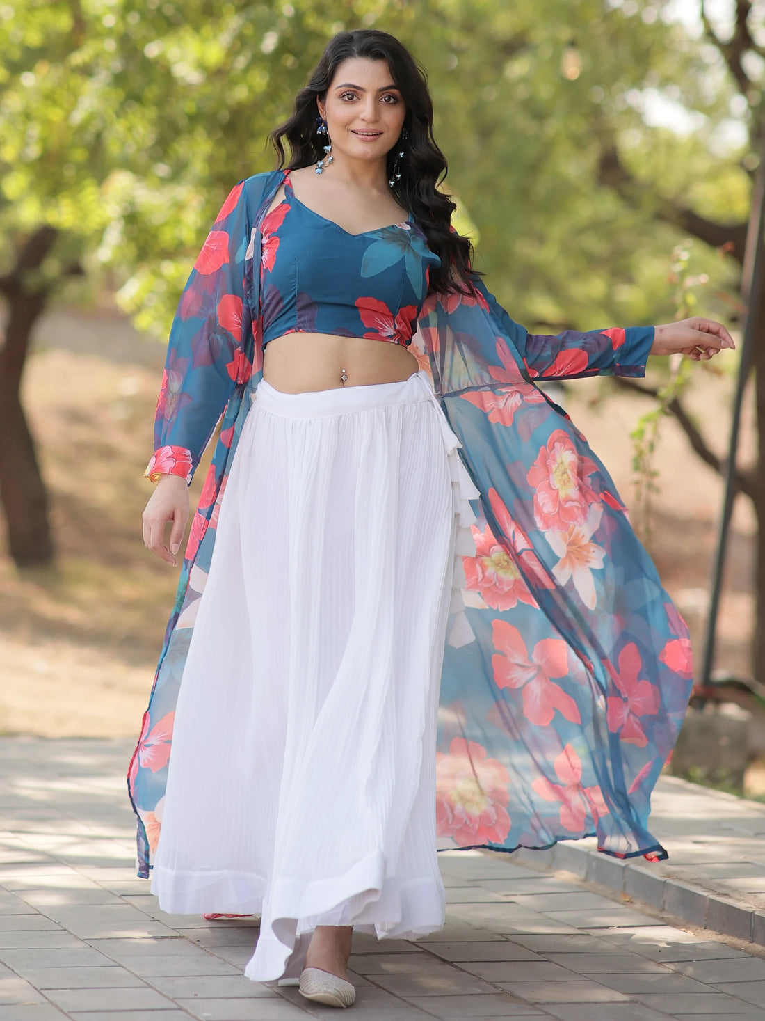 Amazing White Georgette Event Wear Crop Top Lehenga With Jacket - Zeel Clothing