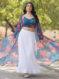 Amazing White Georgette Event Wear Crop Top Lehenga With Jacket - Zeel Clothing