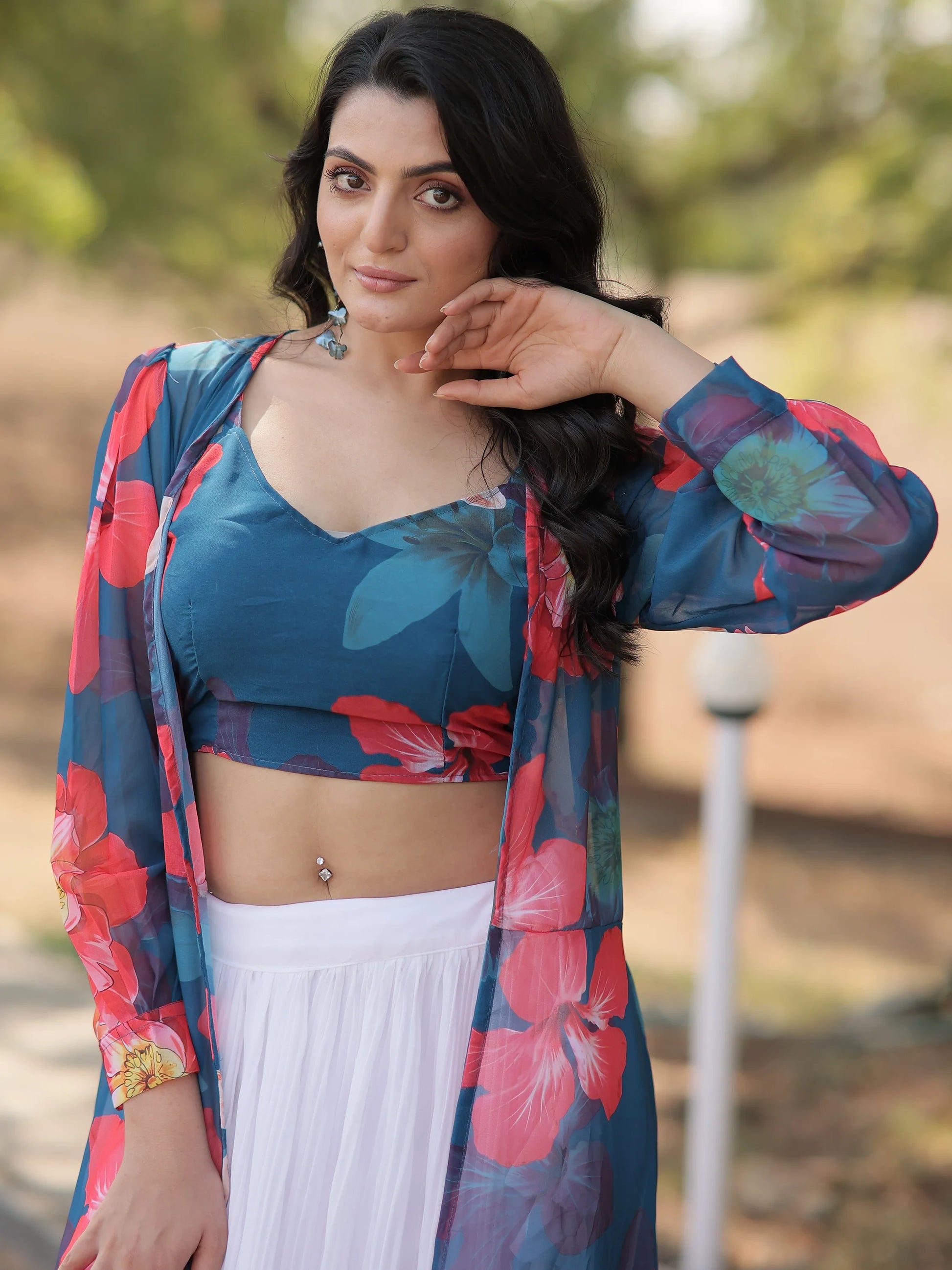 Amazing White Georgette Event Wear Crop Top Lehenga With Jacket - Zeel Clothing