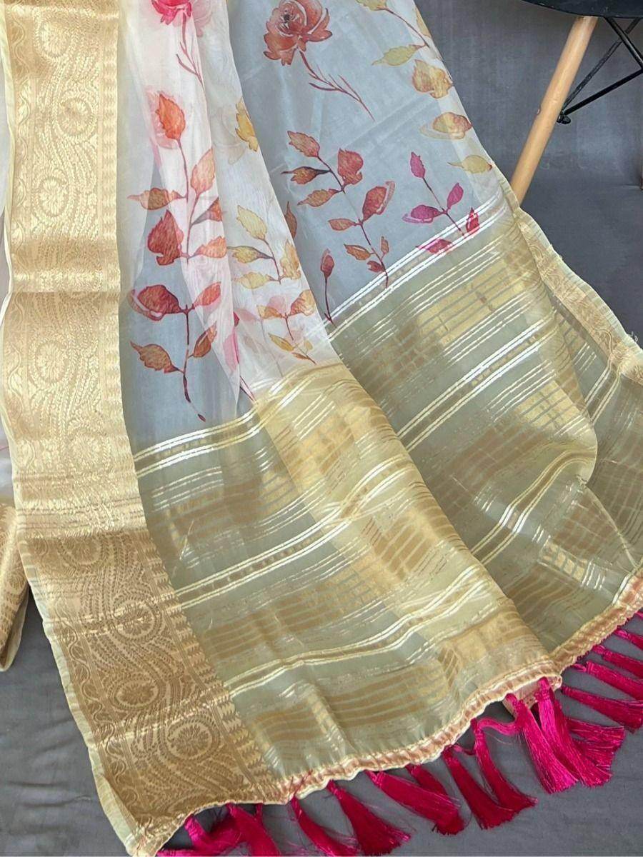 Amazing White Pichwai Print Organza Festival Wear Saree With Blouse - Zeel Clothing