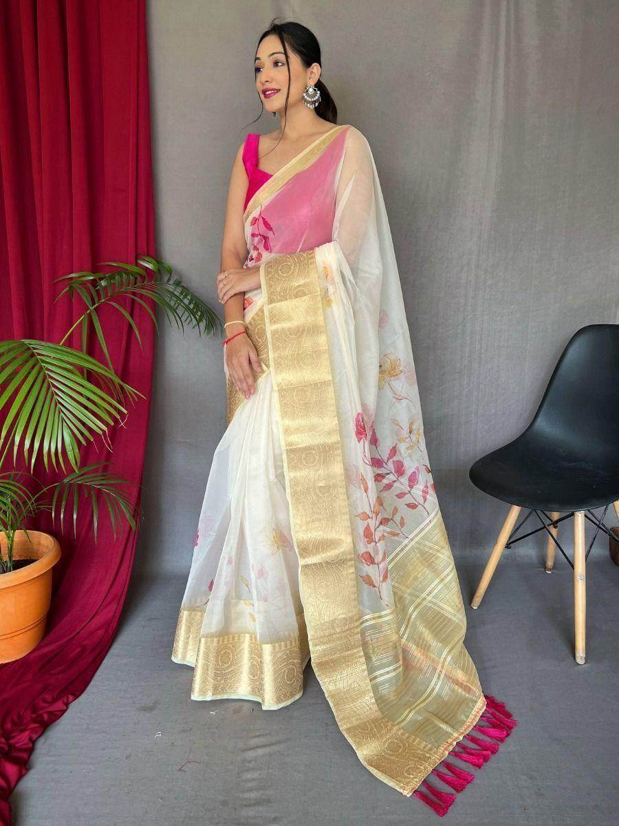Amazing White Pichwai Print Organza Festival Wear Saree With Blouse - Zeel Clothing