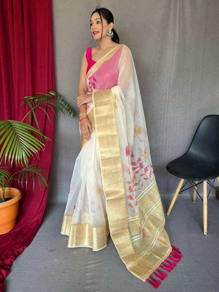 Amazing White Pichwai Print Organza Festival Wear Saree With Blouse - Zeel Clothing