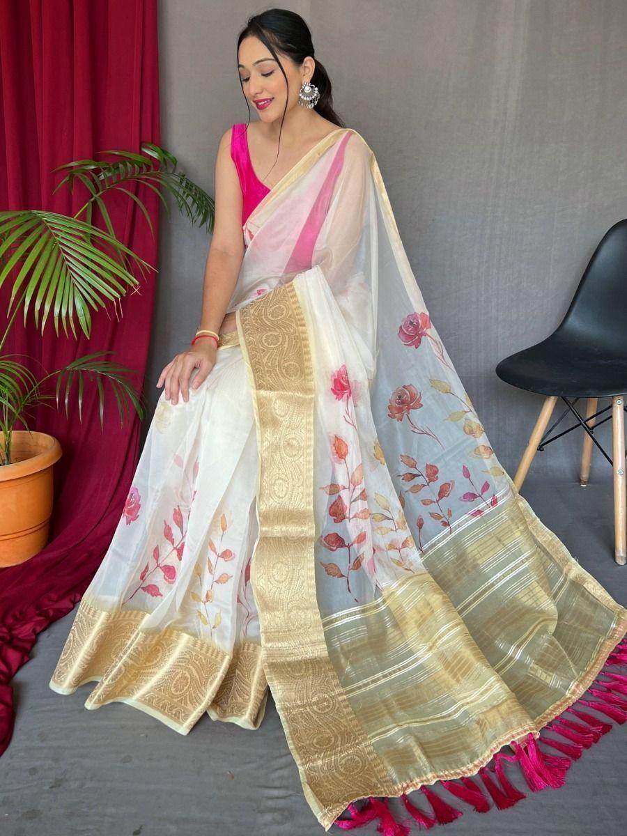 Amazing White Pichwai Print Organza Festival Wear Saree With Blouse - Zeel Clothing