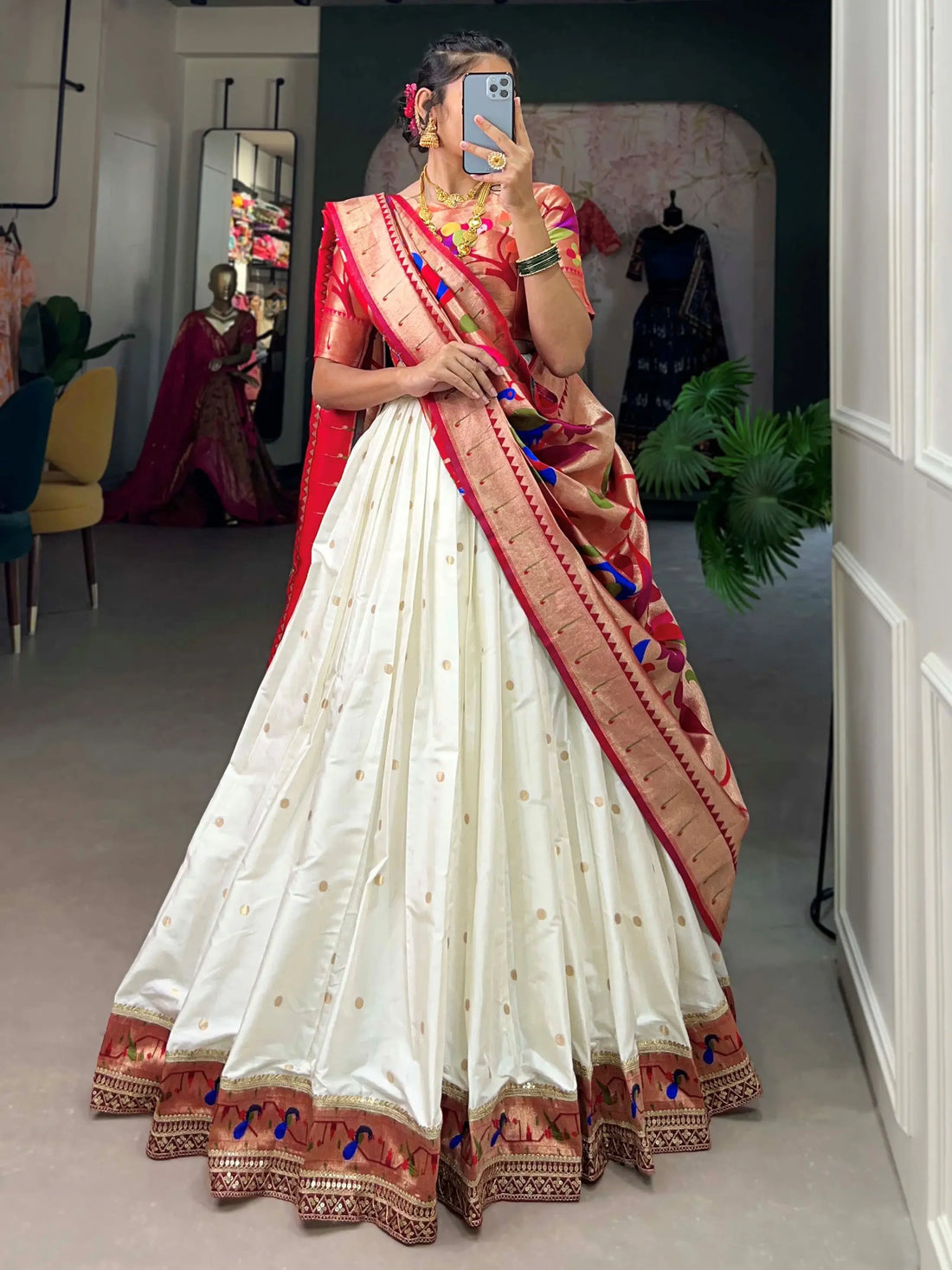 Amazing White Zari Weaving Jacquard Silk Traditional Lehenga Choli With Dupatta - Zeel Clothing
