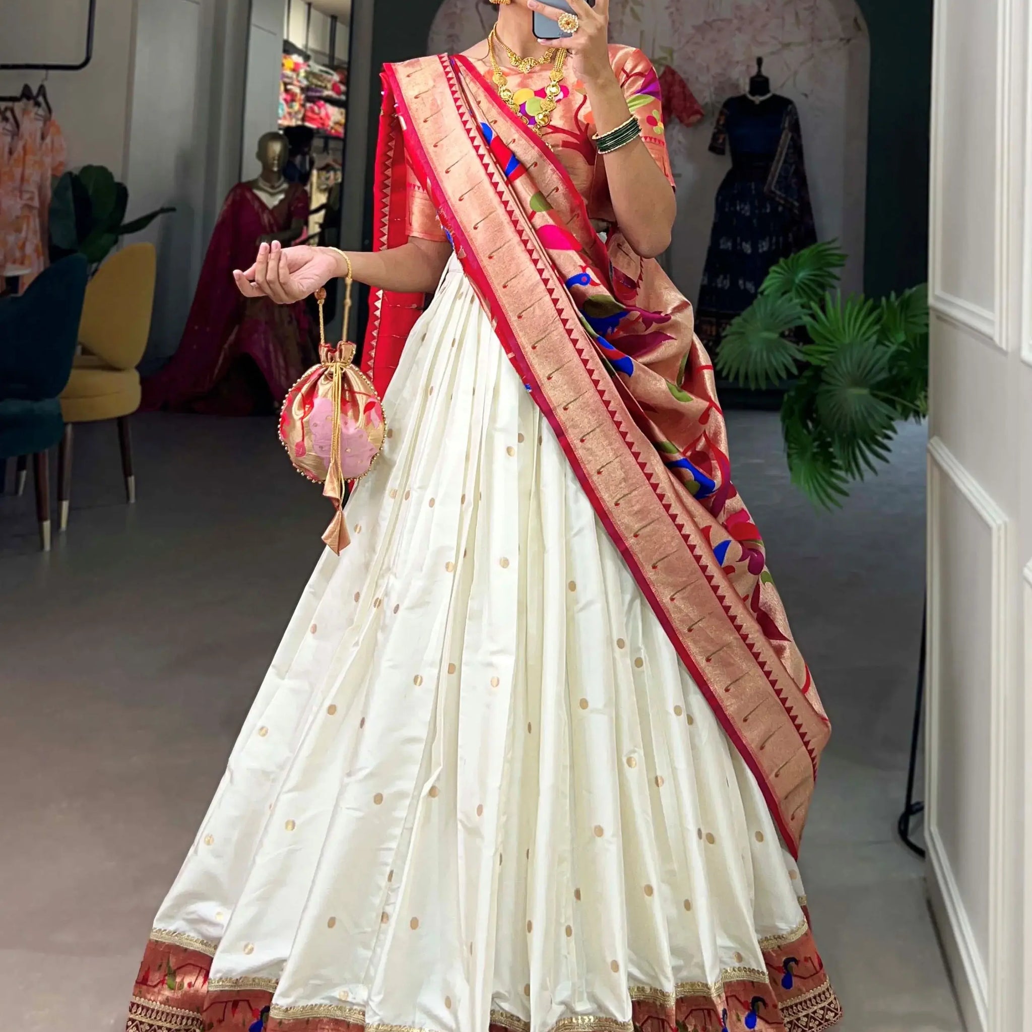 Amazing White Zari Weaving Jacquard Silk Traditional Lehenga Choli With Dupatta - Zeel Clothing