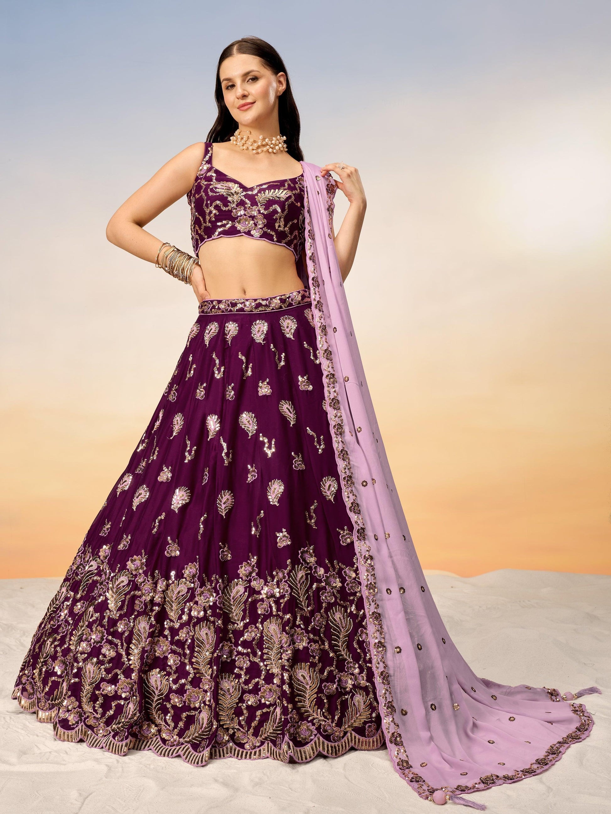 Amazing Wine Embroidered Georgette Bridesmaid Lehenga Choli