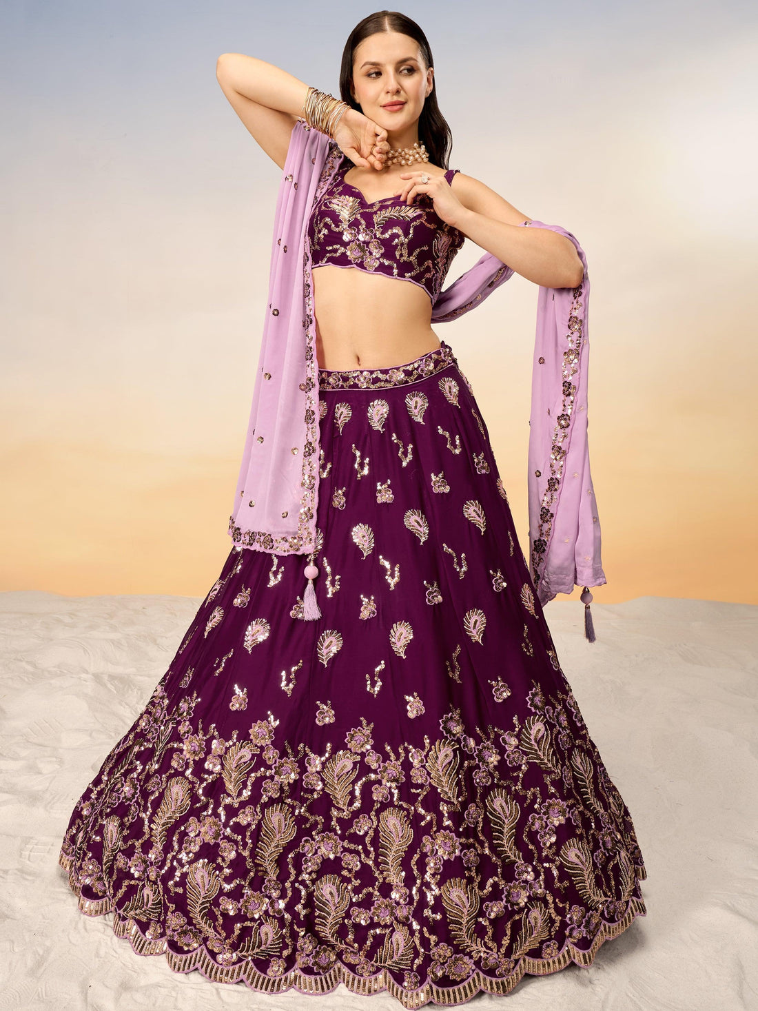 Amazing Wine Embroidered Georgette Bridesmaid Lehenga Choli