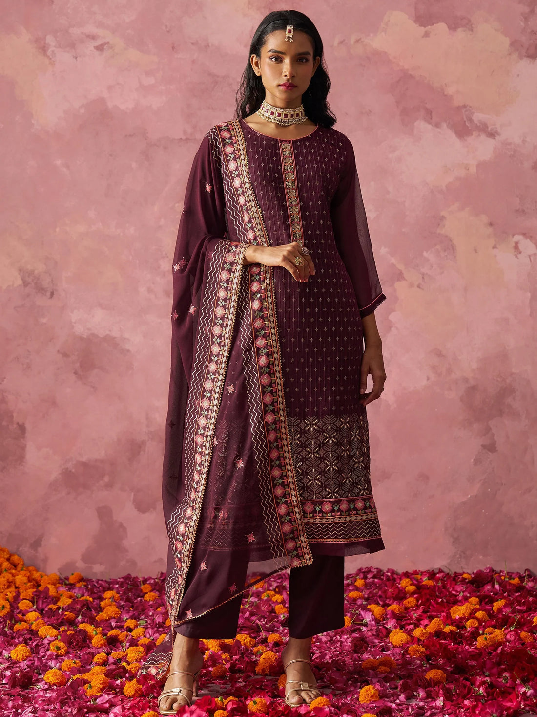 Amazing Wine Thread Work Georgette Festive Wear Straight Top With Pant - Zeel Clothing