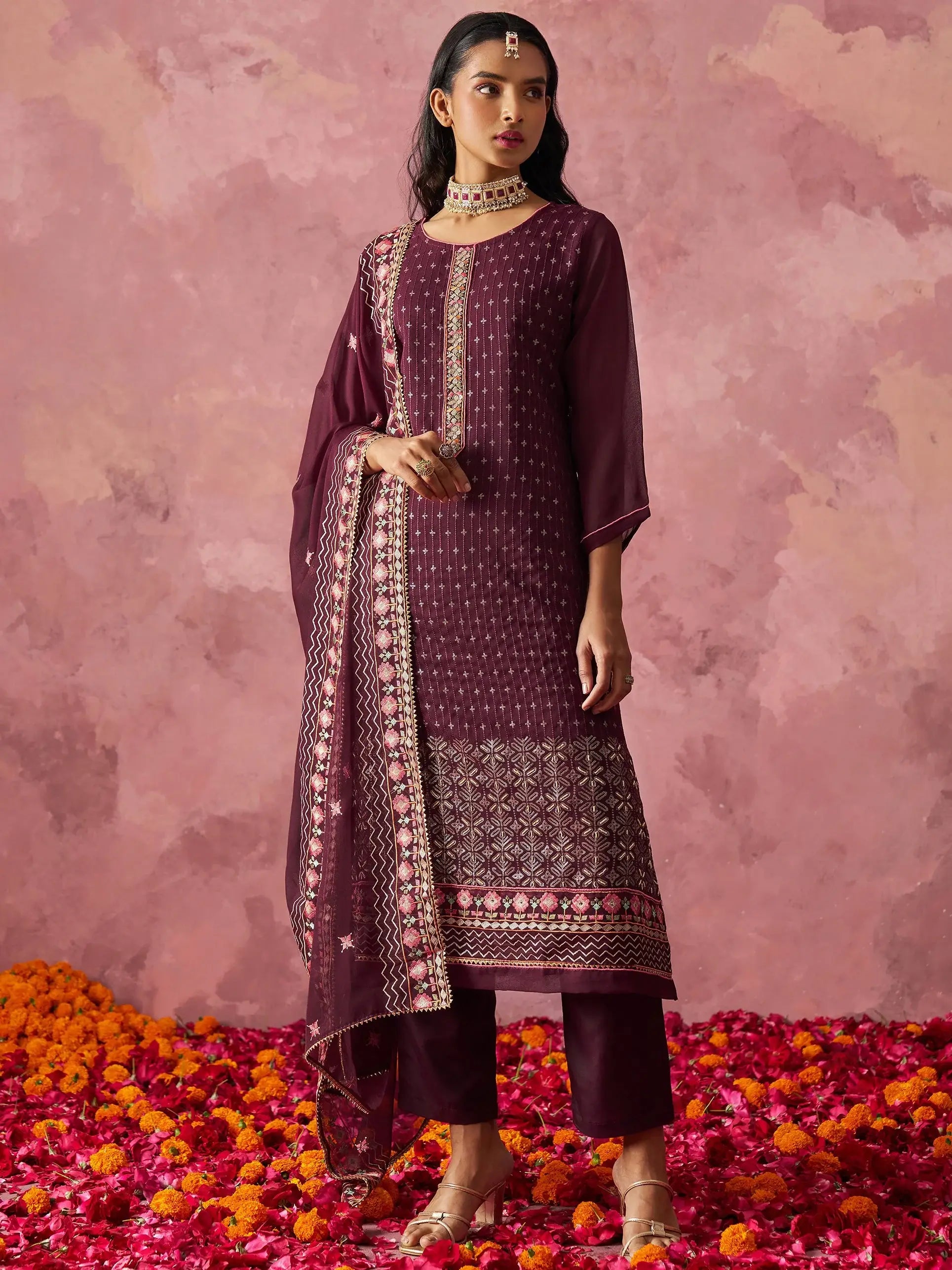 Amazing Wine Thread Work Georgette Festive Wear Straight Top With Pant - Zeel Clothing