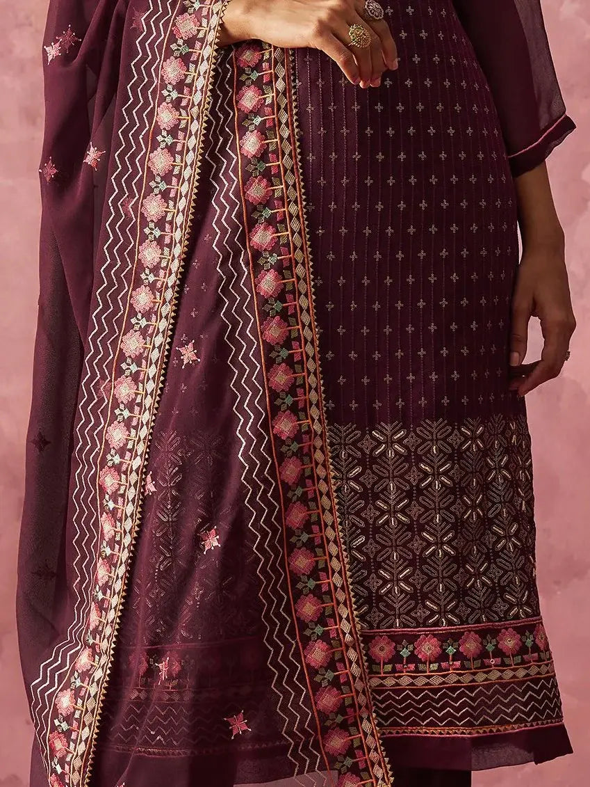 Amazing Wine Thread Work Georgette Festive Wear Straight Top With Pant - Zeel Clothing