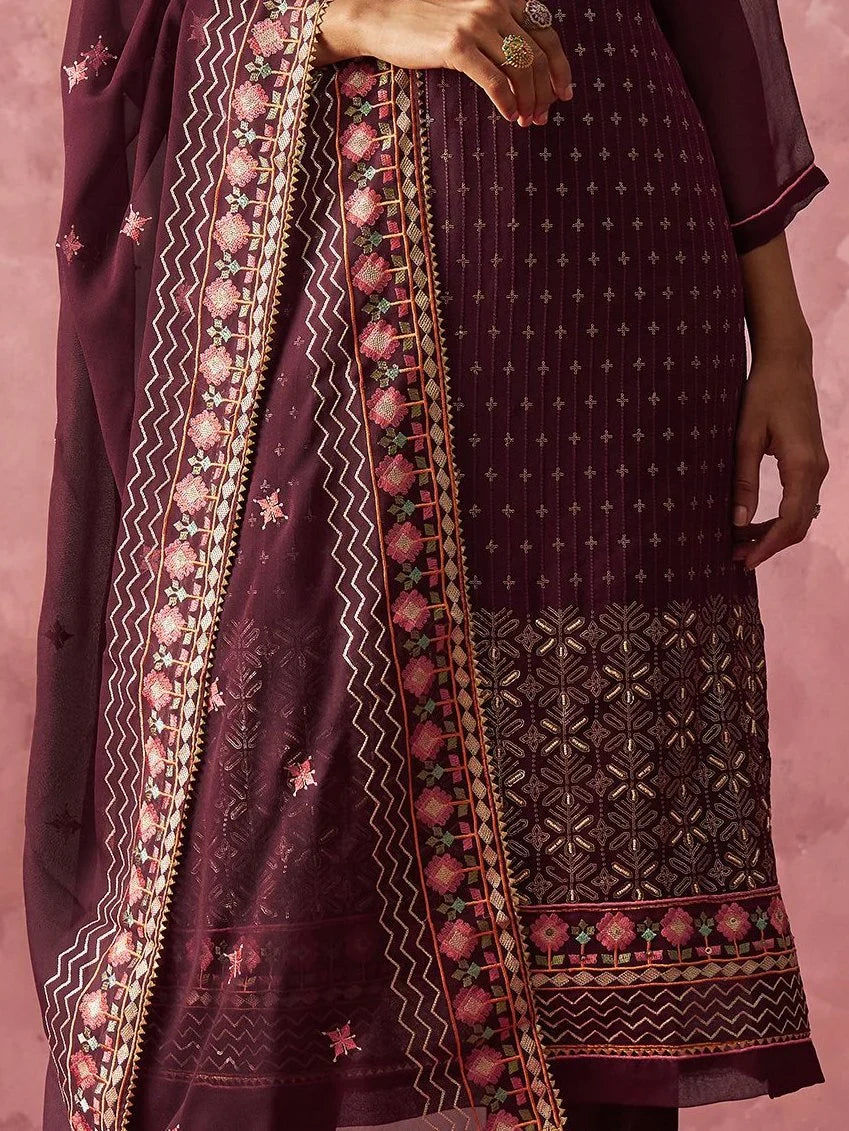 Amazing Wine Thread Work Georgette Festive Wear Straight Top With Pant - Zeel Clothing