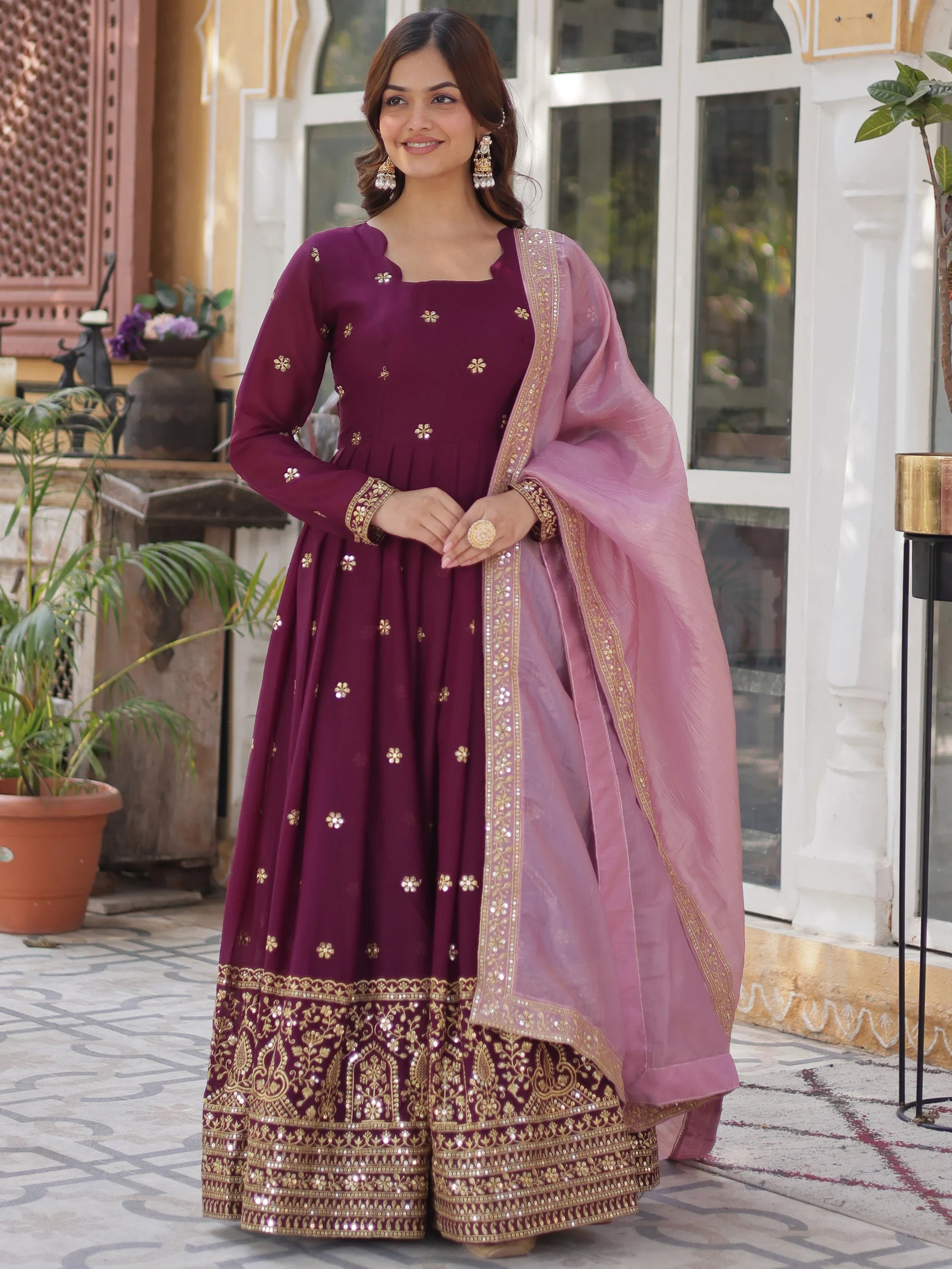 Amazing Wine Zari Embroidered Georgette Event Wear Gown - Zeel Clothing